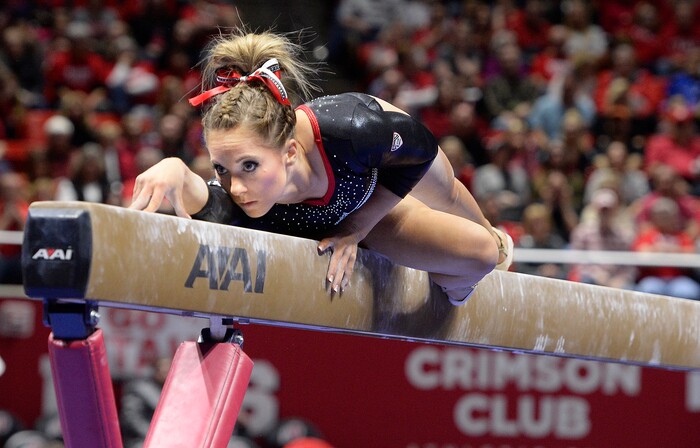Scott Sommerdorf | The Salt Lake Tribune
Utah's MyKayla Skinner during her 9.70 beam routine. Utah outscored Stanford 197.500 to 196.275, Friday, March 3, 2017. 