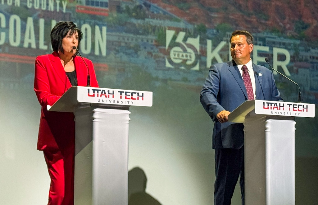 (Mark Eddington | The Salt Lake Tribune) St. George Mayor Michele Randall, left, and City Council member Jimmie Hughes debate in October 2025.