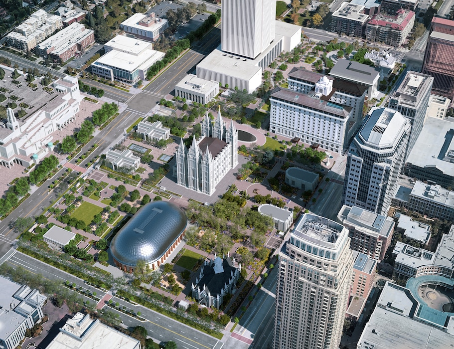 (The Church of Jesus Christ of Latter-day Saints) Aerial rendering shows what Salt Lake City's renovated Temple Square will look like. The section north of the Tabernacle, the Main Street Plaza, and the plaza south of the Church Office Building all have reopened.