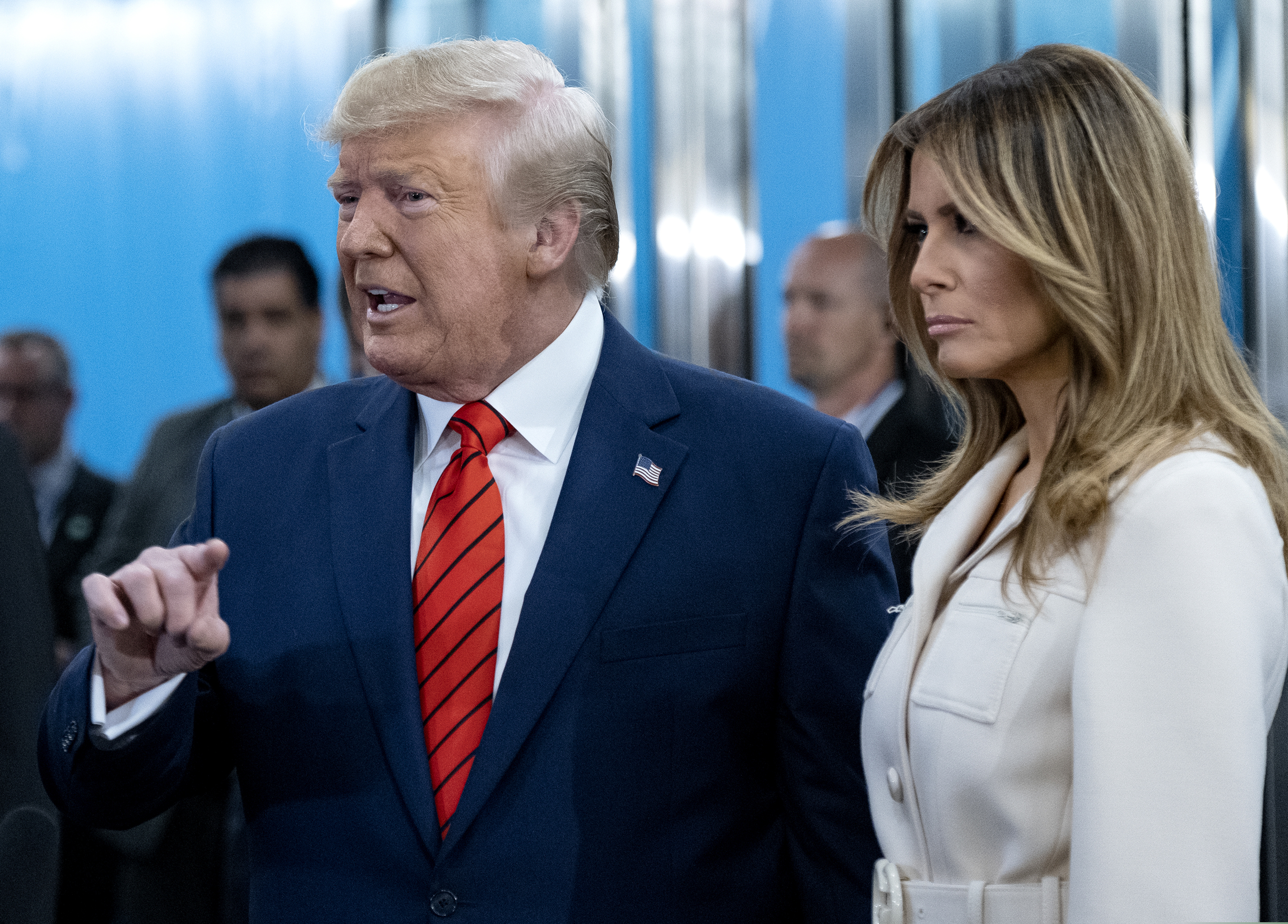 (Craig Ruttle | AP Photo) President Donald Trump addresses reporters as he arrives with first lady Melania Trump for the 74th session of the United Nations General Assembly, at U.N. headquarters, Tuesday, Sept. 24, 2019.
