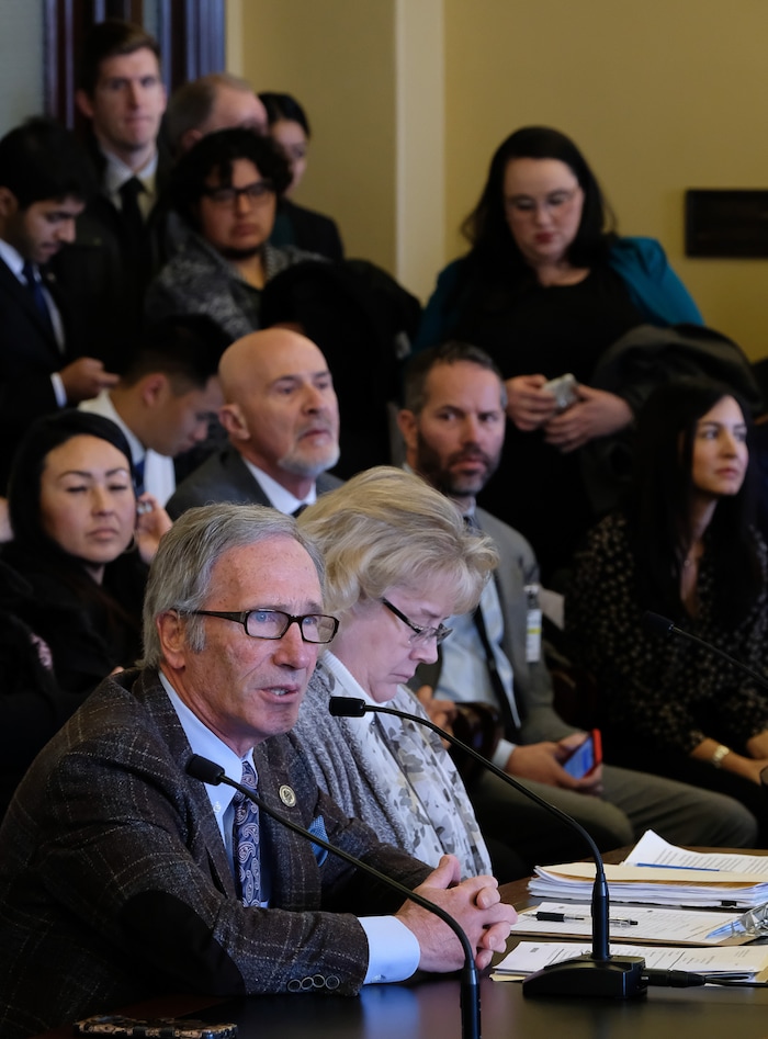 (Francisco Kjolseth  |  The Salt Lake Tribune)  Rep. Gage Froerer, R-Huntsville, presents HB379, which would end the death penalty in Utah, before a packed room in the House Law Enforcement and Criminal Justice Standing Committee on Wednesday, Feb. 21, 2018. 