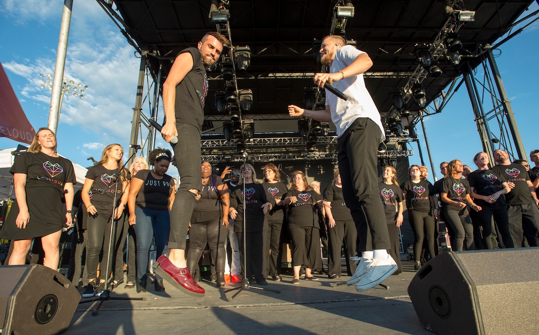 (Rick Egan  |  The Salt Lake Tribune)  Tyler Glenn, Neon Trees, and Dan Reynolds, Imagine Dragons perform a song together, at the LoveLoud Festival at Brent Brown Ballpark at UVU campus, Saturday, August 26, 2017.