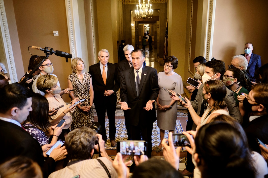 (T.J. Kirkpatrick | The New York Times) Sen. Mitt Romney, R-Utah, speaks to reporters about the infrastructure deal on Wednesday, July 28, 2021, at the Capitol in Washington. Key Republican senators said on Wednesday that they had resolved the biggest sticking points to a final agreement with the White House and Democrats on a far-reaching infrastructure bill, and planned to vote to allow the package to advance.