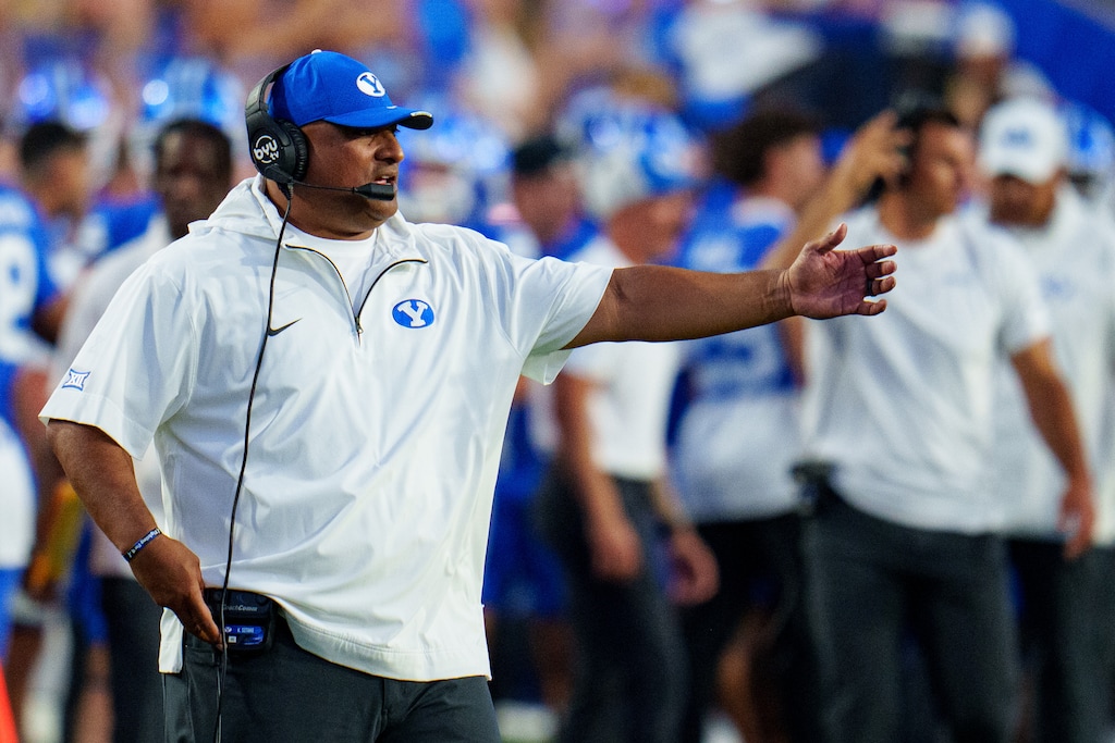 (Trent Nelson  |  The Salt Lake Tribune) Kalani Sitake as BYU hosts Southern Illinois, NCAA football in Provo on Saturday, Aug. 31, 2024.