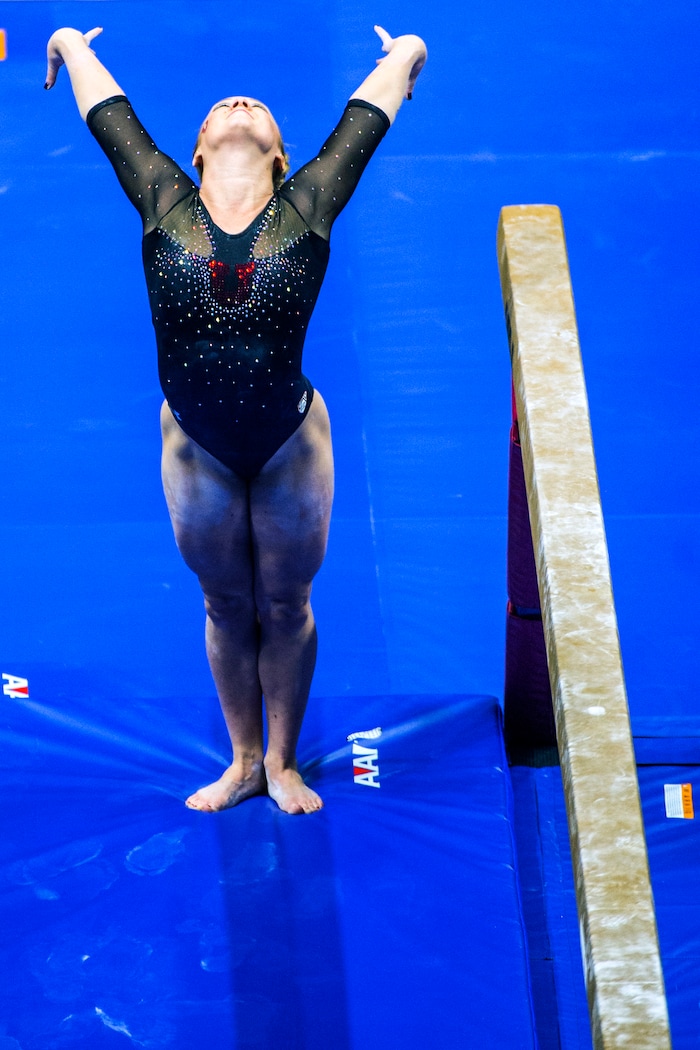 Chris Detrick  |  The Salt Lake TribuneUtah gymnast Maddy Stover performs on the beam during the Red Rocks Preview at the Huntsman Center Friday December 11, 2015.  