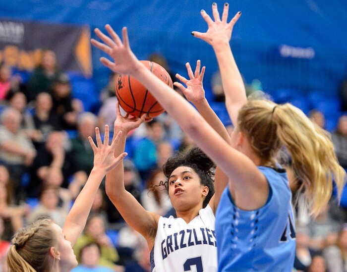 (Trent Nelson | The Salt Lake Tribune)  Copper Hills's Eleyana Tafisi (3) shoots as Layton faces Copper Hills in the 6A High School Girls' Basketball Tournament at SLCC in Taylorsville, Thursday Feb. 22, 2018.