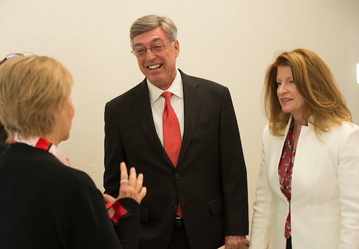 (Rick Egan  |  The Salt Lake Tribune)     Gary and Ann Crocker,  visit with participants, as they celebrate the opening of the new Gary and Ann Crocker Science Center on Presidents Circle, Thursday, April 19, 2018.


