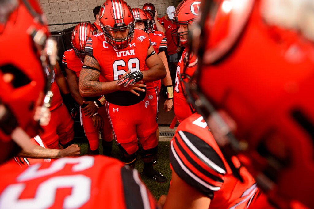 (Trent Nelson | The Salt Lake Tribune)  Utah Utes offensive lineman Lo Falemaka (69) leads the team in the huddle before the game as the University of Utah Utes host the Weber State Wildcats, Thursday Aug. 30, 2018 at Rice-Eccles Stadium in Salt Lake City.