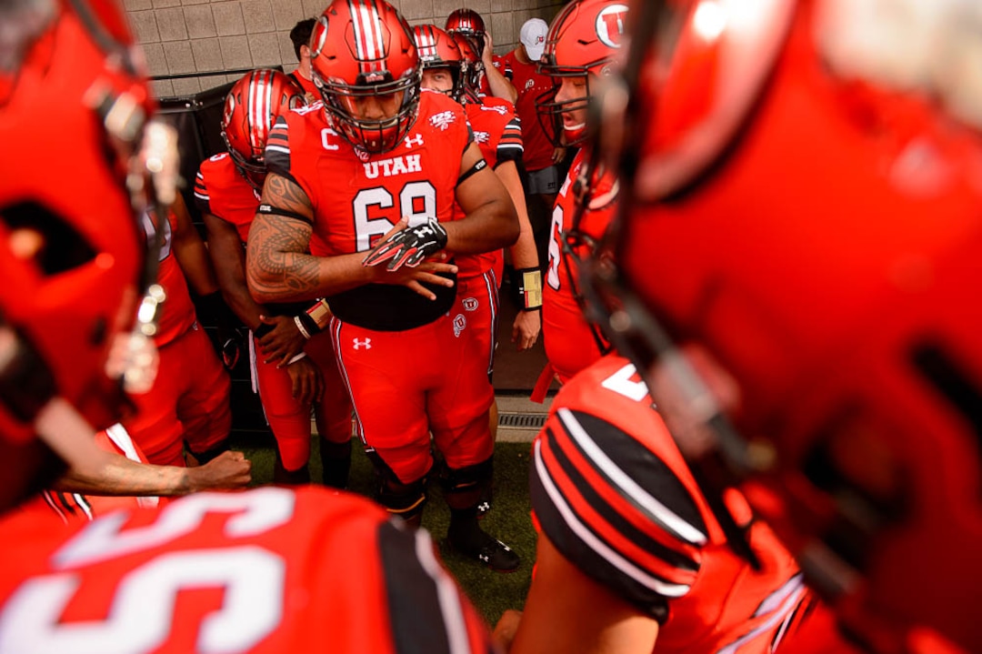 (Trent Nelson | The Salt Lake Tribune)  Utah Utes offensive lineman Lo Falemaka (69) leads the team in the huddle before the game as the University of Utah Utes host the Weber State Wildcats, Thursday Aug. 30, 2018 at Rice-Eccles Stadium in Salt Lake City.