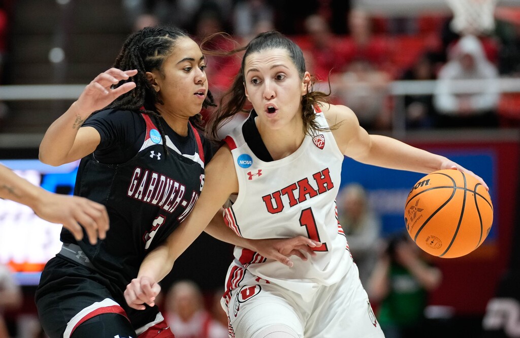 (Francisco Kjolseth | The Salt Lake Tribune) Gardner-Webb Runnin' Bulldogs guard L'Mia Littlejohn (3) pressures Utah Utes guard Isabel Palmer (1) of a first-round college basketball game in the NCAA Tournament, Friday, March 17, 2023, in Salt Lake City, Utah.