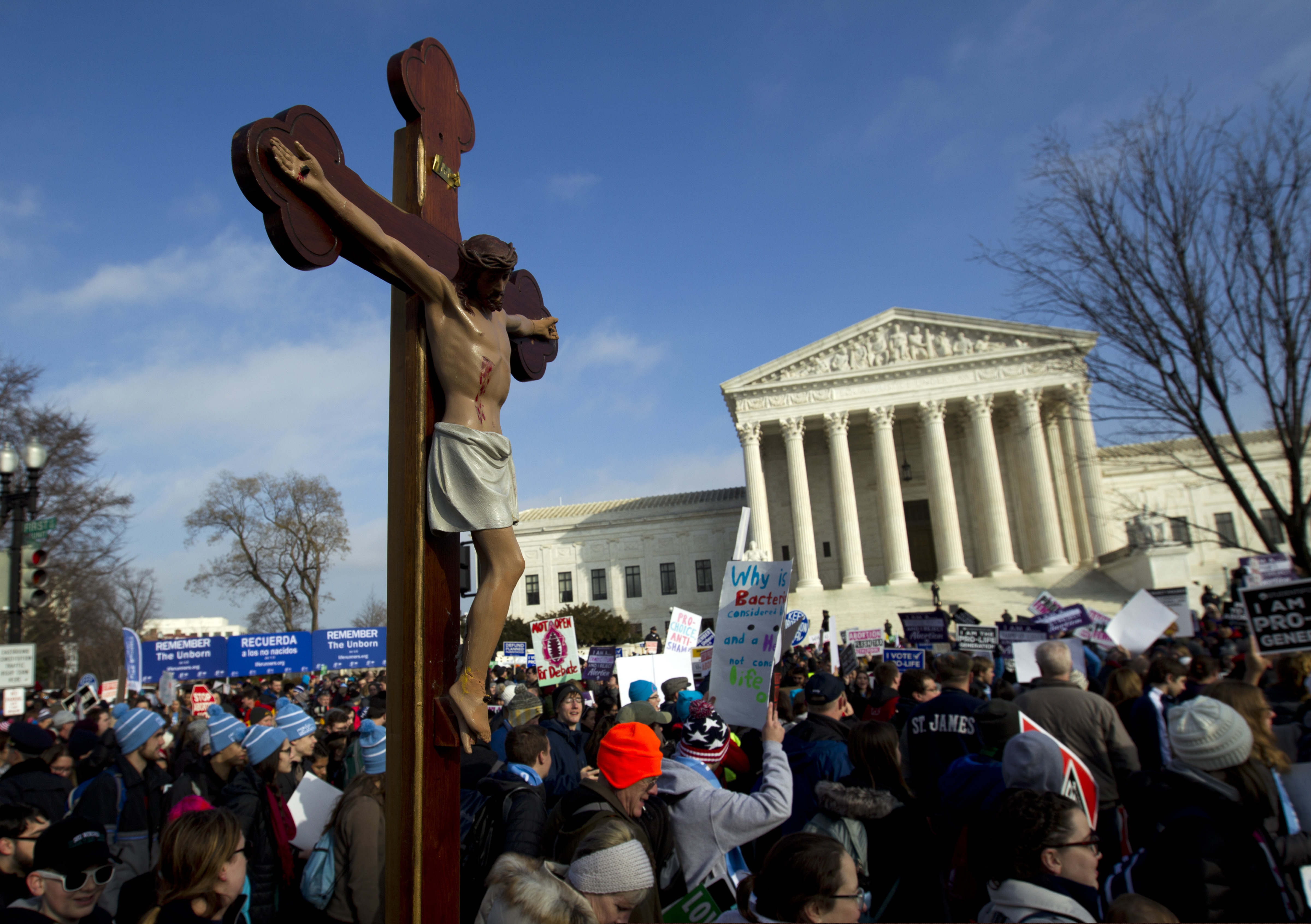 (AP Photo/Jose Luis Magana) In this Friday, Jan. 18, 2019, file photo, anti-abortion activists march outside the U.S. Supreme Court building during the March for Life in Washington. Activists on both sides of the abortion debate react cautiously to a Thursday, Feb. 7, 2019 ,Supreme Court vote blocking Louisiana from enforcing new abortion regulations, agreeing that the crucial tests of the court's stance are still to come.