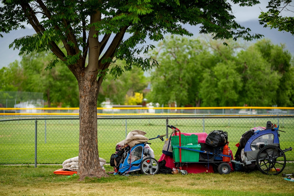 (Trent Nelson | The Salt Lake Tribune) A person's belongings in Salt Lake City's Herman Franks Park on Tuesday, May 13, 2025.