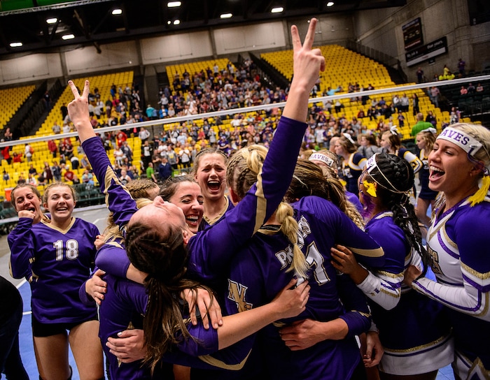 (Trent Nelson | The Salt Lake Tribune) North Summit players celebrate after defeating Enterprise in the 2A State Volleyball Championship game in Orem, Saturday October 28, 2017.