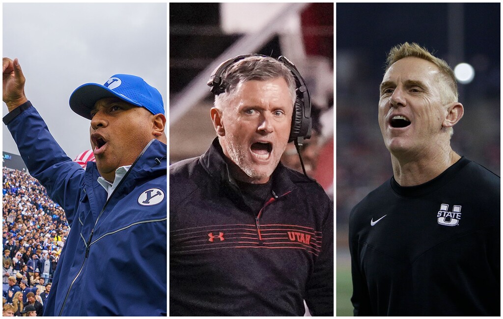 From left, BYU's Kalani Sitake, Utah's Kyle Whittingham and Utah State's Blake Anderson all had successful 2021 campaigns.