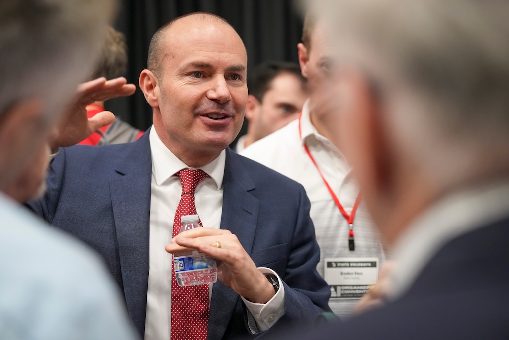 (Bethany Baker | The Salt Lake Tribune) U.S. Senator Mike Lee speaks with attendees during the State Organizing Convention for the Utah Republican Party at Utah Valley University in Orem on Saturday, May 17, 2025.