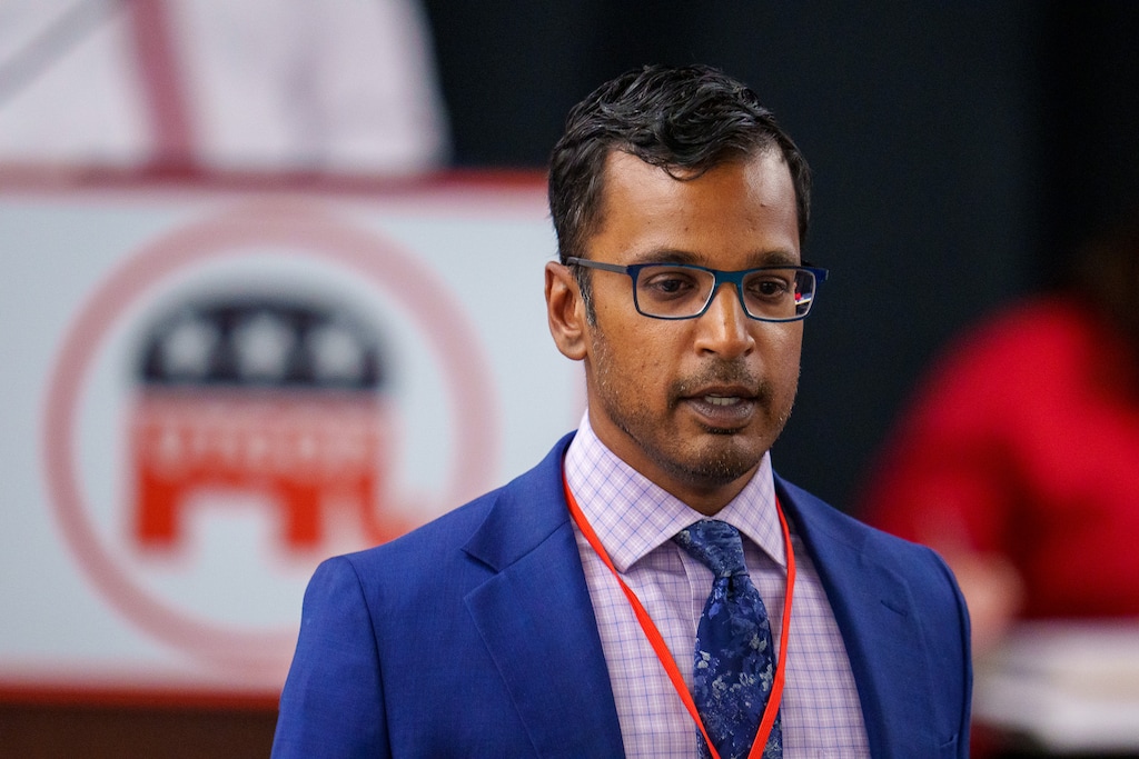 (Trent Nelson | The Salt Lake Tribune) Goud Maragani as the Utah Republican Party holds its quarterly State Central Committee meeting in Sandy on Saturday, Aug. 19, 2023. In a new lawsuit, Maragani alleges he lost his job over social media posts attacking Equality Utah.