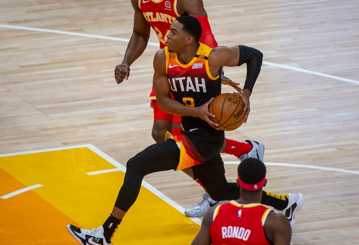 (Rick Egan | The Salt Lake Tribune) Utah Jazz guard Shaquille Harrison (8) takes the ball up the middle, in NBA action between the Utah Jazz and the Atlanta Hawks at Vivint Arena, on Friday, Jan. 15, 2021.
