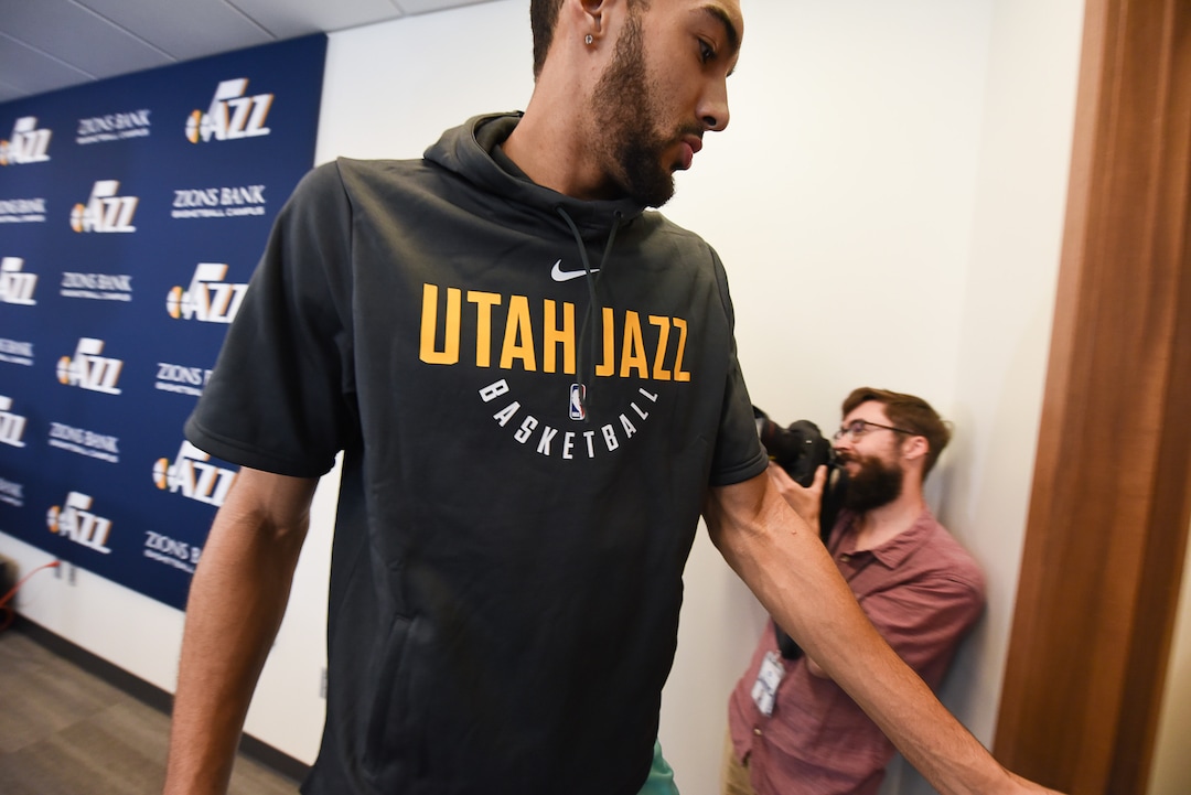 (Francisco Kjolseth  |  The Salt Lake Tribune)  Utah Jazz center Rudy Gobert concludes his engagement with the media during exit interviews at their practice facility in Salt Lake City Wed., May 8, 2018, after losing to the Houston Rockets in game 5 of their Western Conference Semifinals during the 2018 NBA Playoffs.