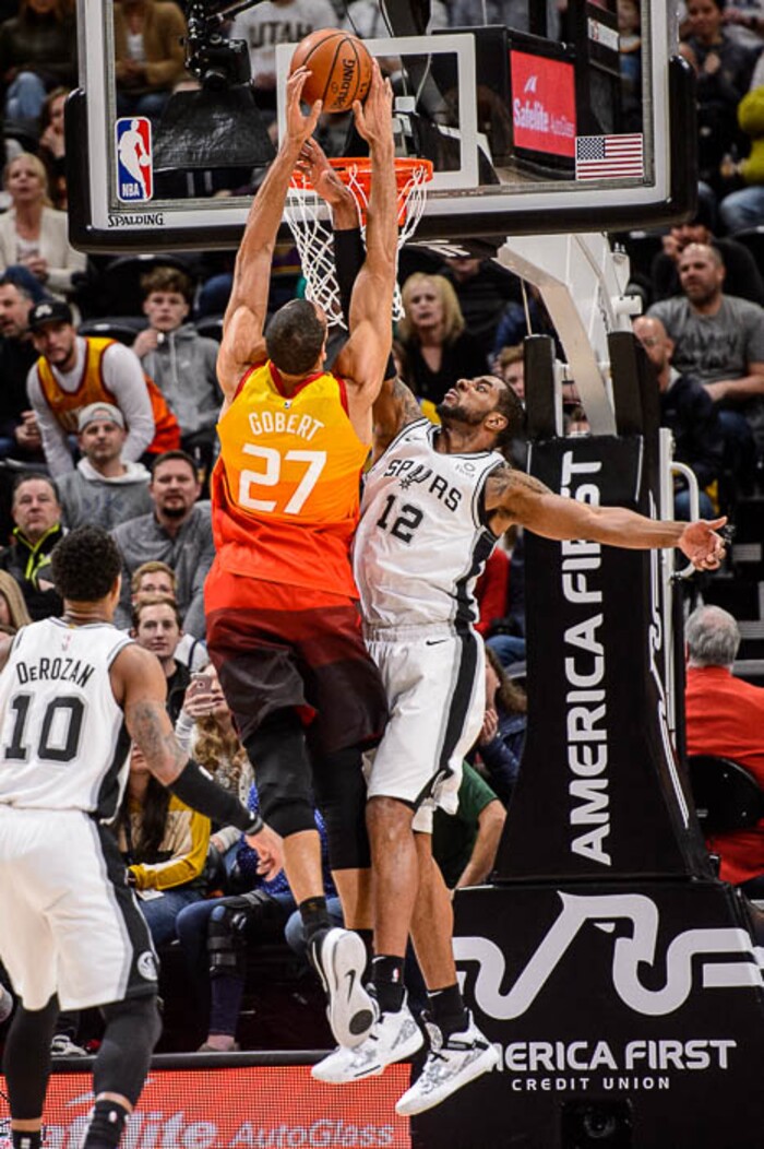 (Trent Nelson | The Salt Lake Tribune)  
Utah Jazz center Rudy Gobert (27) dunks over San Antonio Spurs center LaMarcus Aldridge (12) as the Utah Jazz host the San Antonio Spurs, NBA basketball in Salt Lake City on Saturday Feb. 9, 2019.