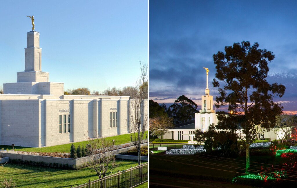 (The Church of Jesus Christ of Latter-day Saints) Temples in Montreal, Canada, left, and Sydney, Australia. Financial and tax questions surround the Utah-based faith in both countries.