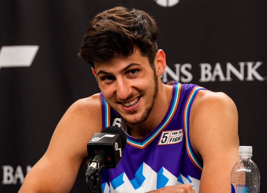 (Rick Egan | The Salt Lake Tribune)  Utah Jazz shooting guard Leandro Bolmaro, answers questions during the Utah Jazz Media Day, on Monday, Sept. 26, 2022.