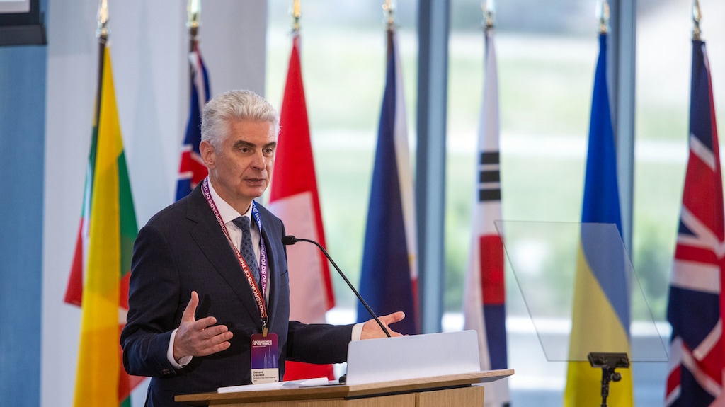 (The Church of Jesus Christ of Latter-day Saints) Presiding Bishop Gérald Caussé speaks at “Crossroads of the World,” an international trade summit in Salt Lake City, on Wednesday, May 7, 2025.
