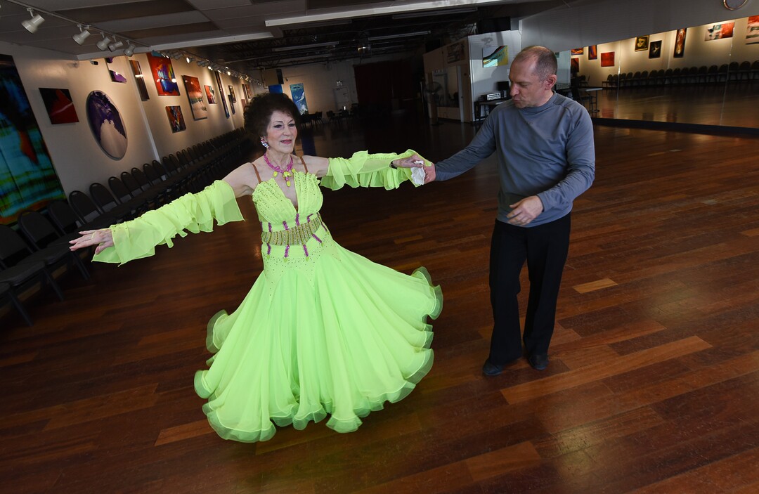(Francisco Kjolseth  |  The Salt Lake Tribune)  Jean Woodruff, a 92-year-old who loves ballroom dancing and loves competitions, prepares for an upcoming competition with Martin Skupinski, founder of Ballroom Utah Dance Studio. Jean danced for years with her husband, and the couple taught lessons in a dance studio in their Holladay home. She stopped dancing after he had a stroke, and then died. Several years ago, she started dancing again, and now competes regularly.