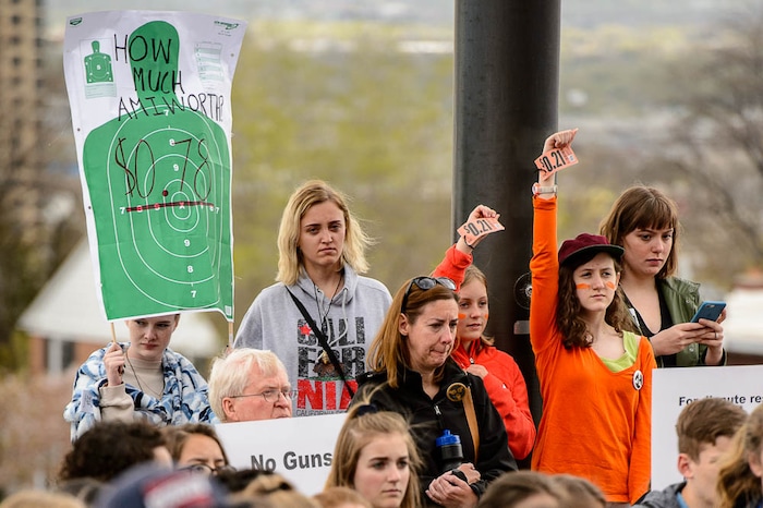 (Trent Nelson | The Salt Lake Tribune)  
High school students gathered at the Utah State Capitol in Salt Lake City to mark the anniversary of the Columbine High School massacre and call for action against gun violence, Friday April 20, 2018.