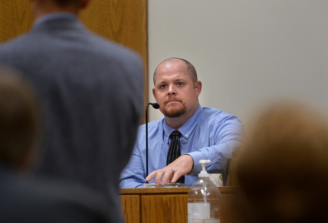 (Scott Sommerdorf   |  The Salt Lake Tribune)   Detective David Sorenson of the Utah County Sheriff's office answers questions from Deputy Utah County Attorney Ryan McBride during testimony in the preliminary hearing for Defendant Tyerell Joe Przybycien, 18, of Spanish Fork, Wednesday, August 23, 2017. 