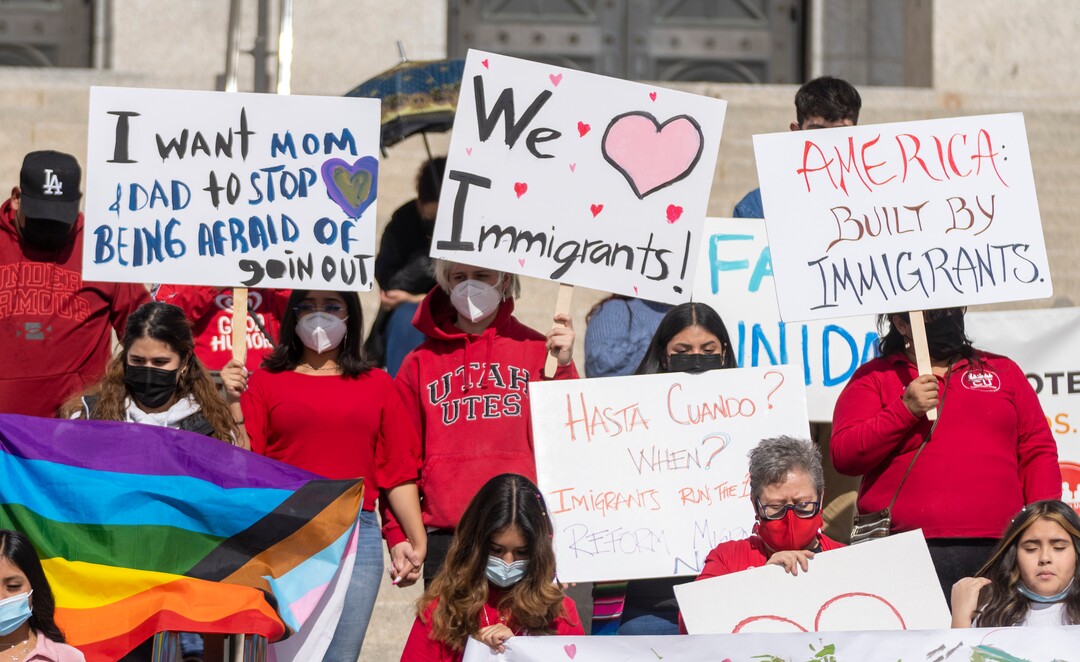 (Rick Egan | The Salt Lake Tribune)  Participants gather on the steps of the Capitol, for the national Day Without Immigrants rally, on Monday, Feb. 14, 2022.