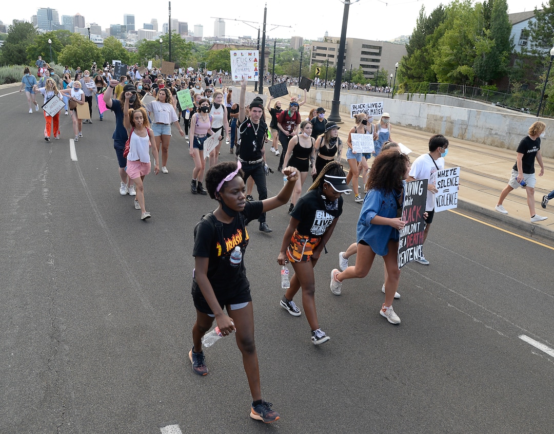 (Francisco Kjolseth  |  The Salt Lake Tribune) Demonstrators protesting against police brutality make their way to the University of Utah on Wednesday, June 3, 2020, in Salt Lake City, as the initially set 8 p.m. weeklong curfew was removed.
