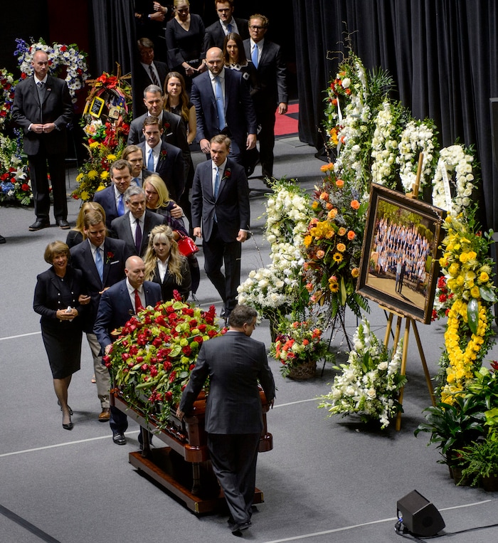 (Steve Griffin  |  The Salt Lake Tribune)  The casket of Jon Huntsman Sr. is brought into the Huntsman Center during funeral services on the University of Utah campus in Salt Lake City Saturday February 10, 2018.