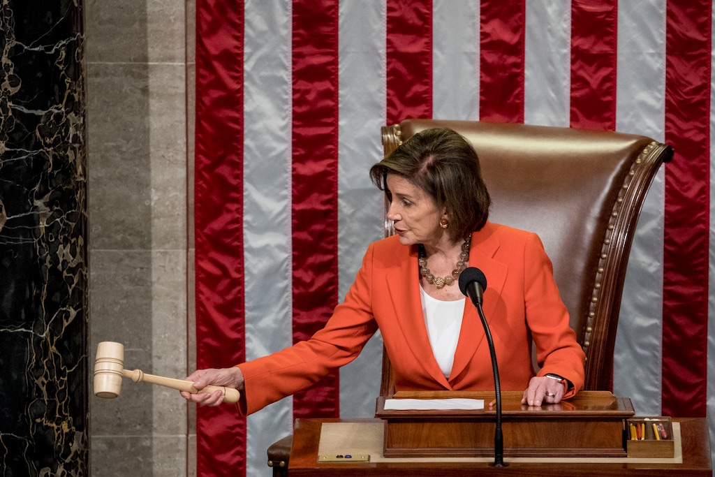 House Speaker Nancy Pelosi of Calif. gavels as the House votes 232-196 to pass resolution on impeachment procedure to move forward into the next phase of the impeachment inquiry into President Trump in the House Chamber on Capitol Hill in Washington, Thursday, Oct. 31, 2019. The resolution would authorize the next stage of impeachment inquiry into President Donald Trump, including establishing the format for open hearings, giving the House Committee on the Judiciary the final recommendation on impeachment, and allowing President Trump and his lawyers to attend events and question witnesses. (AP Photo/Andrew Harnik)