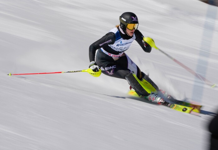 (Francisco Kjolseth | The Salt Lake Tribune) Denise Dingsleder of Westminster College competes in women’s slalom during the NCAA Skiing Championships held at Park City Mountain Resort on Friday, March 11, 2022, in Park City, Utah.