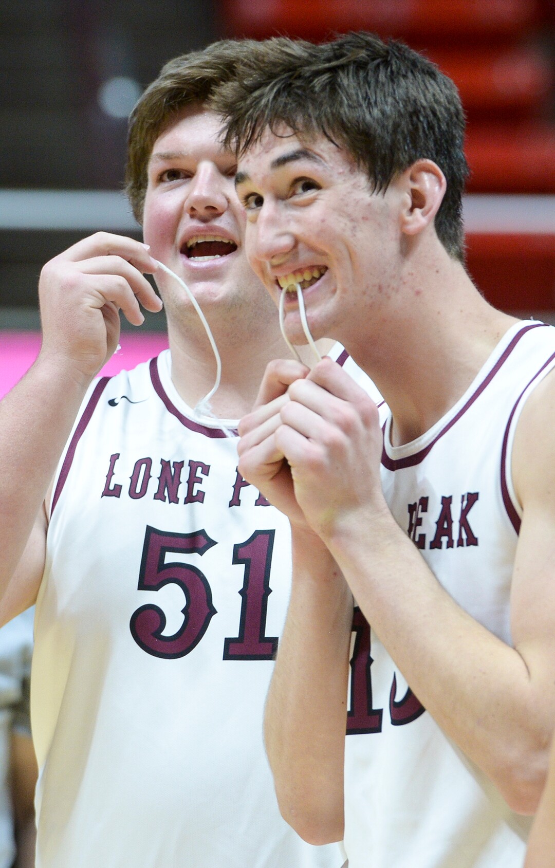 (Leah Hogsten  |  The Salt Lake Tribune) Lone Peak's Conner Pay (51) and Lone Peak's Jaxon Pollard (15) pose for pictures. Lone Peak defeated Pleasant Grove 61-44 to win the 6A High School BoysÕ Basketball Tournament Championship at the Jon M. Huntsman Center in Salt Lake City, Saturday, March 3, 2018. 