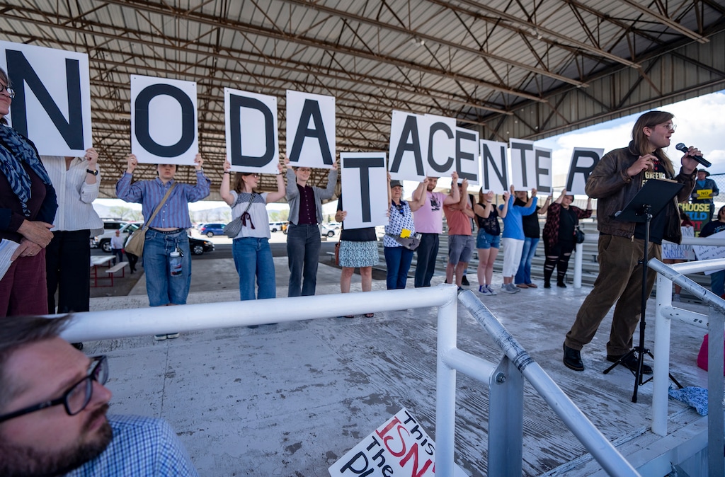 (Rick Egan | The Salt Lake Tribune) Thor Dorosh speaks to protesters of a proposed data center campus, before a Box Elder County Commission meeting in Tremonton on Monday, May 4, 2026.
