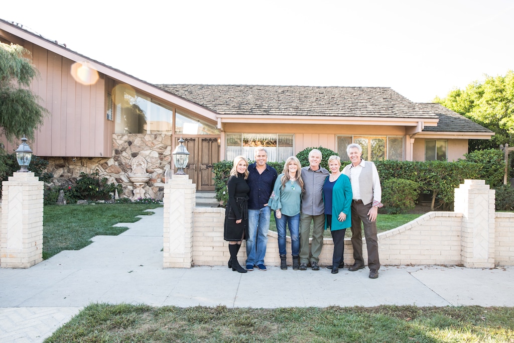(Photo courtesy of HGTV)  The original "Brady Bunch" kids in front of the Studio City, Calif., house that served as the exterior for the 1969-74 series —  Maureen McCormack, Christopher Knight, Susan Olsen, Mike Lookinland, Eve Plumb and Barry Williams.