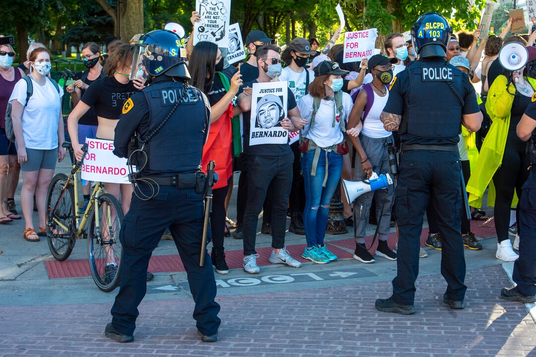 (Rick Egan  |  The Salt Lake Tribune) Protesters lock arms as they are approached by the Salt Lake City Police on the corner of Washington Square during a Justice for Bernardo Palacios-Carbajal protest on Tuesday, June 23, 2020.