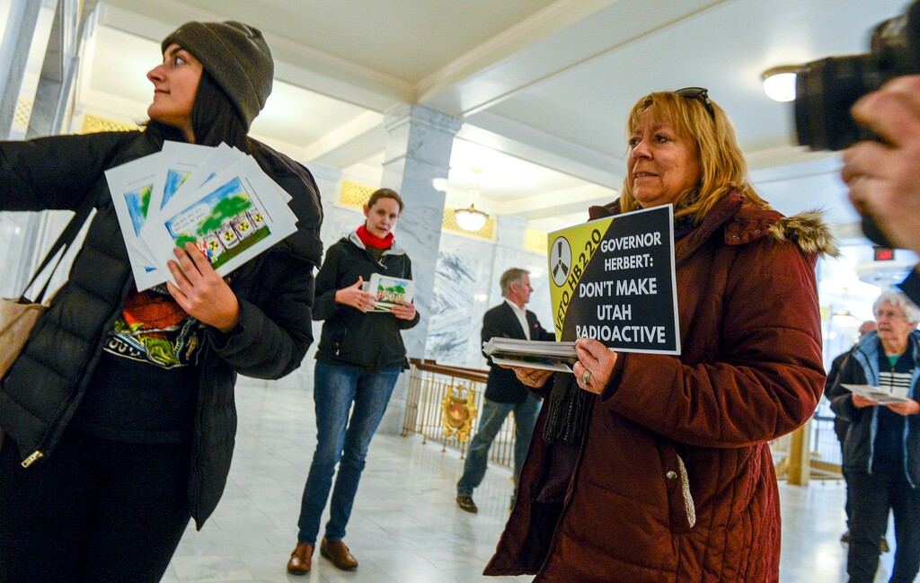 Leah Hogsten  |  The Salt Lake Tribune Environmentalists and concerned Utah citizens delivered 750 postcards from concerned Utahns asking the Governor to stop depleted uranium from coming to Utah. 