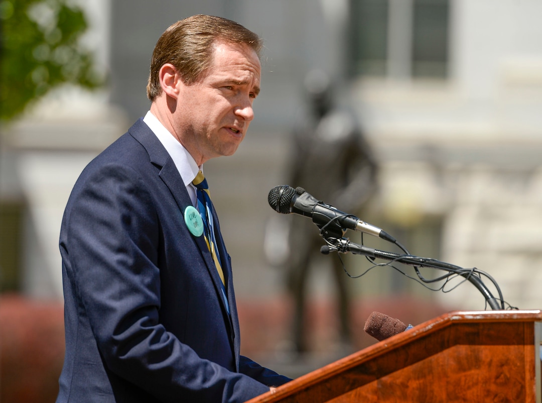 (Leah Hogsten  |  The Salt Lake Tribune) Rep. Steve Eliason, R-Sandy, and member of the Governor’s Task Force on Suicide Prevention announced a 3-year campaign to promote education, provide resources, and change the culture around suicide and mental health Thursday.  The statewide campaign, Live On, is a statewide effort to help Utahns struggling with isolation, job loss and increased stress and anxiety surrounding COVID-19.