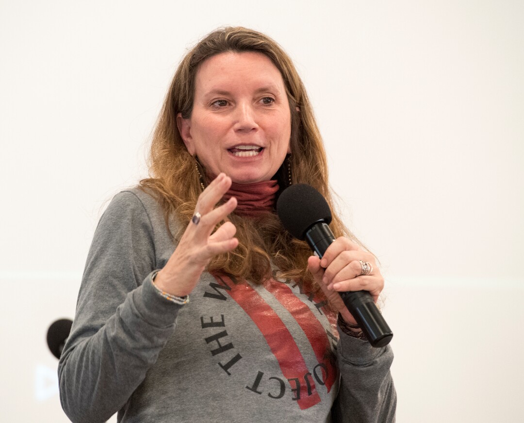 (Rick Egan  |  The Salt Lake Tribune)       Keynote speaker and author, the Rev. Becca Stevens gives a presentation during the "Love Heals" forum on sex trafficking at St. Mark's Cathedral, Friday, March 23, 2018.