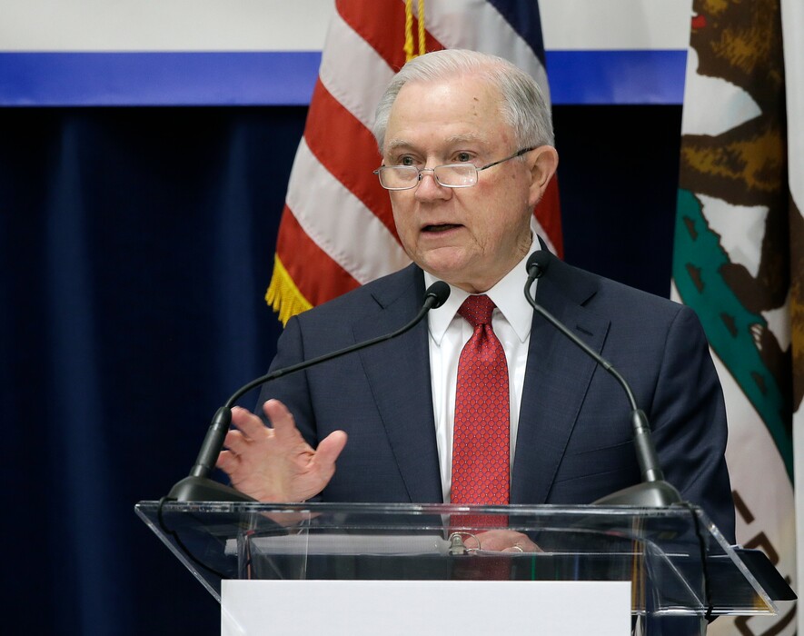 (Rich Pedroncelli | The Associated Press) U.S. Attorney General Jeff Sessions addresses the California Peace Officers' Association at the 26th Annual Law Enforcement Legislative Day, Wednesday, March 7, 2018, in Sacramento, Calif. Sessions told law enforcement officers at the conference Wednesday that the Justice Department sued California because state laws are preventing federal immigration agents from doing their jobs.