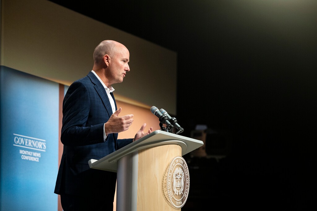 (Isaac Hale | Pool) Gov. Spencer Cox responds to a reporter’s question during the PBS Utah Governor’s Monthly News Conference held at the Eccles Broadcast Center in Salt Lake City on Thursday, July 17, 2025.