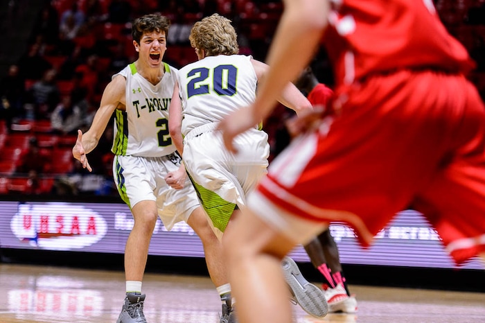 (Trent Nelson | The Salt Lake Tribune)  East vs. Timpanogos, 5A State high school basketball tournament at the Huntsman Center in Salt Lake City, Wednesday Feb. 28, 2018. Timpanogos's Matt Norman (2) and Timpanogos's Logan Wilkey (20).