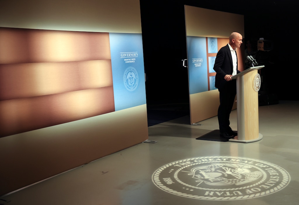 (Kristin Murphy | Pool) Gov. Spencer Cox speaks with members of the media during the PBS Utah Governor’s Monthly News Conference at the Eccles Broadcast Center in Salt Lake City on Thursday, April 17, 2025.