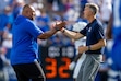 (Trent Nelson | The Salt Lake Tribune) BYU Cougars head coach Kalani Sitake and Arizona Wildcats head coach Brent Brennan as BYU hosts Arizona, NCAA football in Provo on Saturday, Sept. 12, 2026.