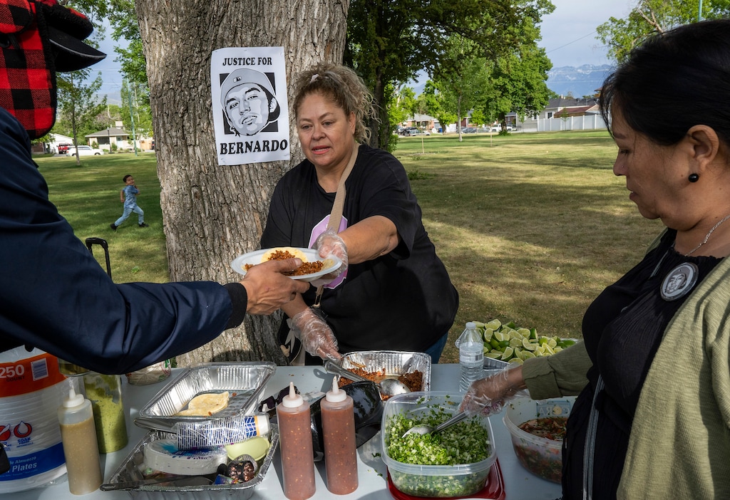 (Rick Egan | The Salt Lake Tribune)  Lorena Burciaga and Lucy, Bernardo Palacios-Carbajal's mother, pass out food, during the "Long Live Loske" gathering at Rose Park on Saturday, May 22, 2021, as the family of Bernardo Palacios-Carbajal hosted a "1st Heavenly Anniversary" event to celebrate the life of their son and brother to mark the 1-year anniversary of his death on May 23, 2020 by Salt Lake City Police, who fired 34 shots, killing the 22-year-old man.