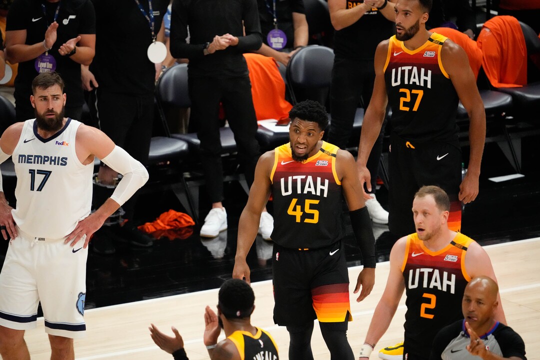 (Francisco Kjolseth | The Salt Lake Tribune) Utah Jazz guard Donovan Mitchell (45) celebrates his shot in the final seconds of the first half of Game 5 of an NBA basketball first-round playoff series Wednesday, June 2, 2021, in Salt Lake City, UT.