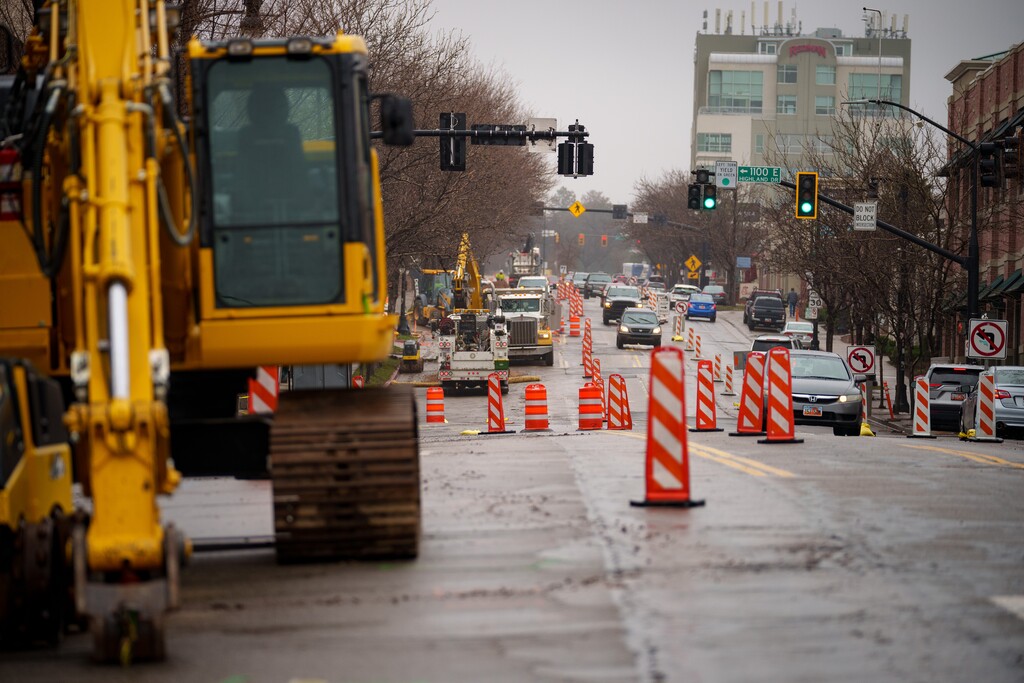 (Trent Nelson  |  The Salt Lake Tribune) Road construction on 2100 South in Salt Lake City on Thursday, March 7, 2024.