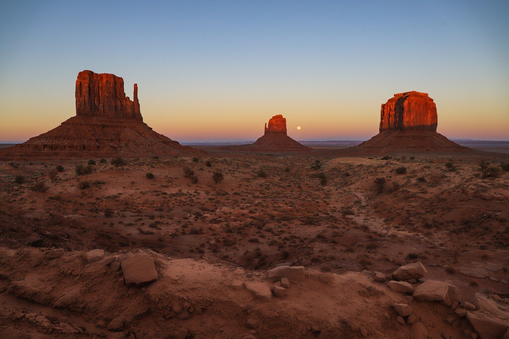 (Gabe Castro-Root | The New York Times) The sandstone formations known as, from left: the West and East Mitten buttes and Merrick Butte at Monument Valley, in the Navajo Nation, Ariz., Oct. 6, 2025.